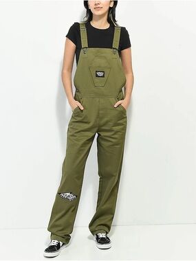 Olive Green Women's Denim Overalls with Chest Patch lurking class